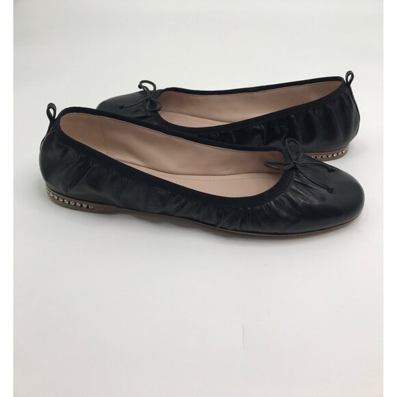 Miu Miu Leather Ballet Bow Rhinestone Heel Flat Shoe Black Size 41 - Picture 1 of 7